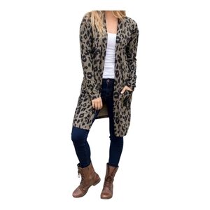 Tickled Teal Leopard Print Open Front Duster Cardigan with Pockets Lightweight